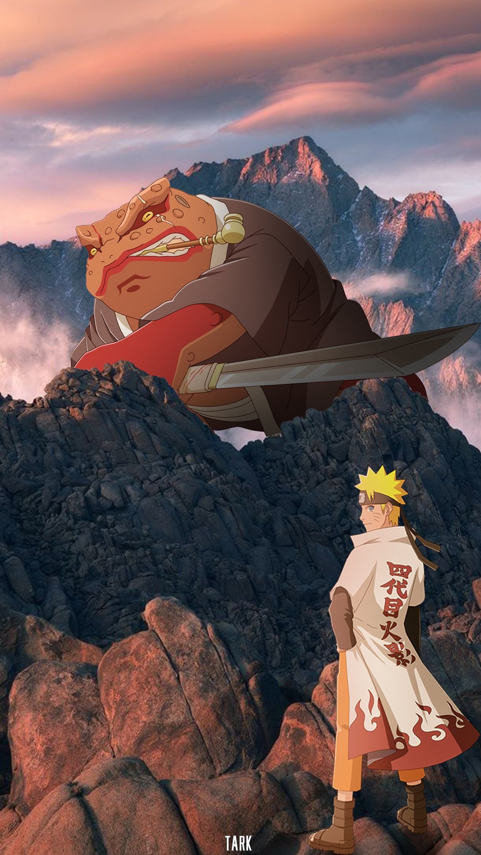 Anime-charakter steht auf einem berg mit einem riesigen schwert in der luft (cool, wolken, kampf, gamabunta, hokage)