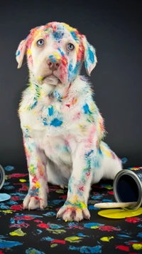 A colorful puppy covered in vibrant paint splatters, sitting amidst spilled paint cans.