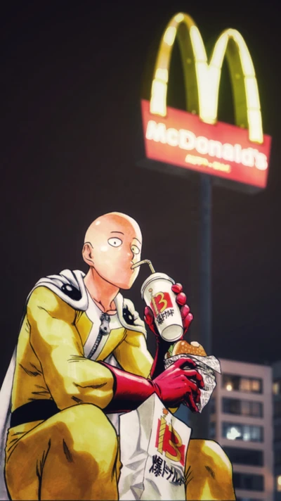 Saitama genießt Fast Food unter dem Neon-Schild von McDonald's