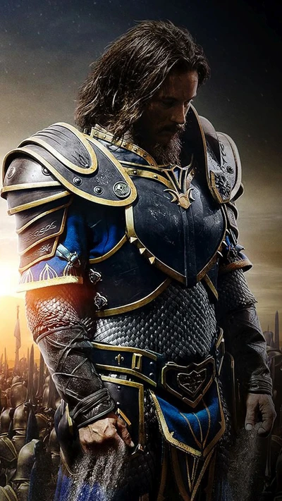 Affiche du film Warcraft : Guerrier héroïque en armure de bataille