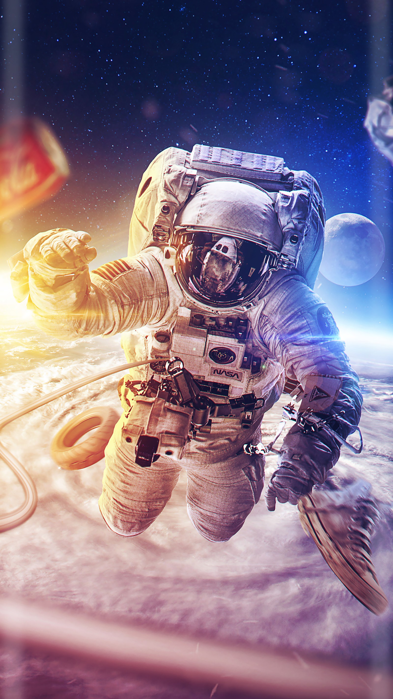 Astronaut in outer space with planets in the background (astronaut, galaxy, space)