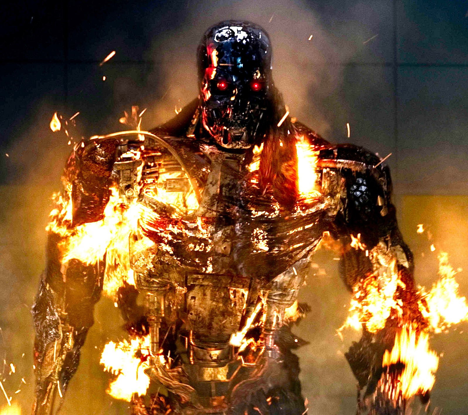 A close up of a robot with fire in the air (burn, fire, hd, movie, new)