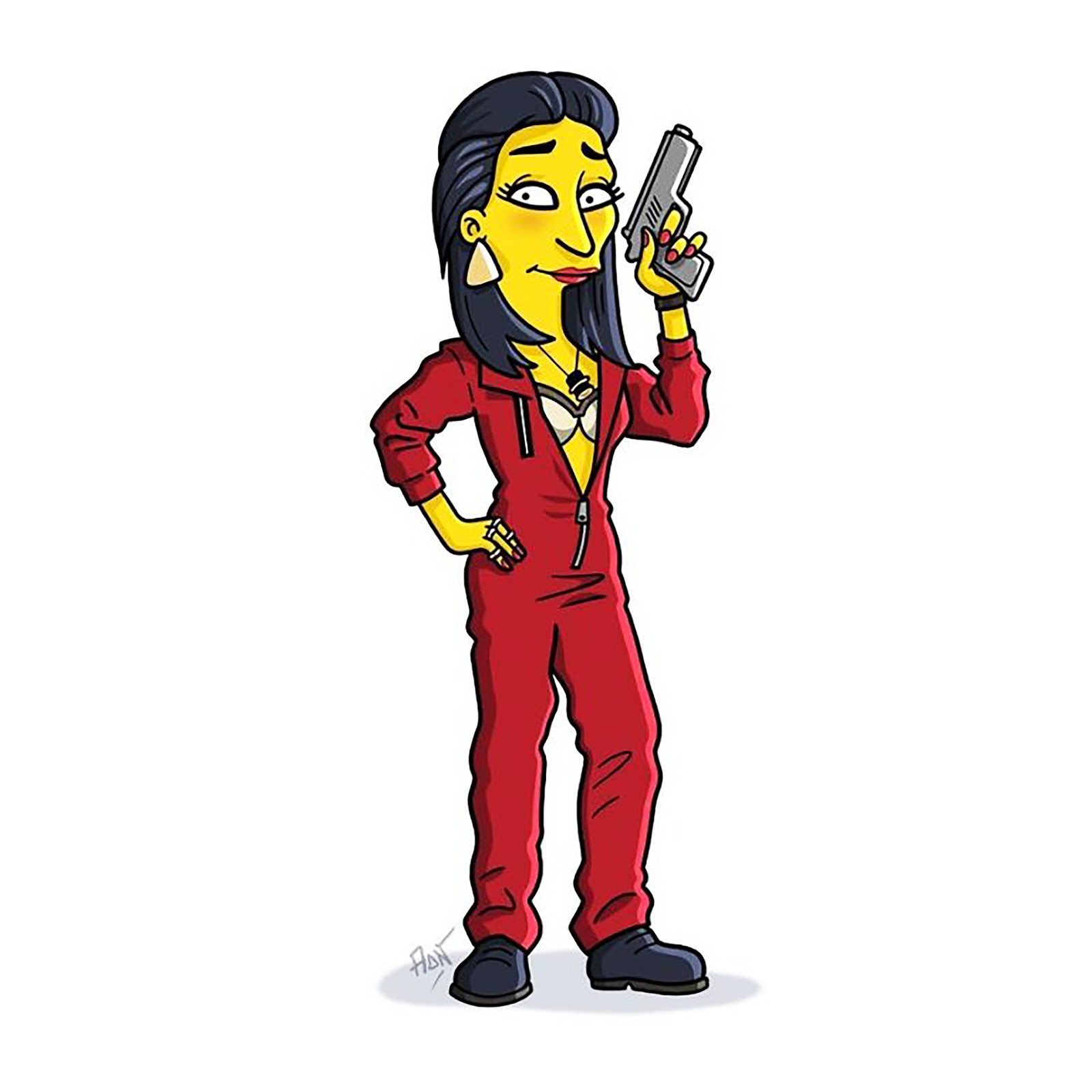 Dessin animé d'une femme en combinaison rouge tenant une arme (la casa de papel, simpsons)