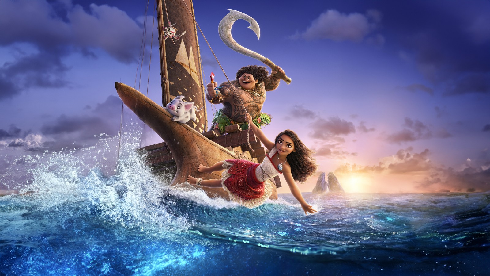 Moan y su familia están montando en un bote en el océano (moana 2, 8k, películas de 2024, películas de animación, 5k)