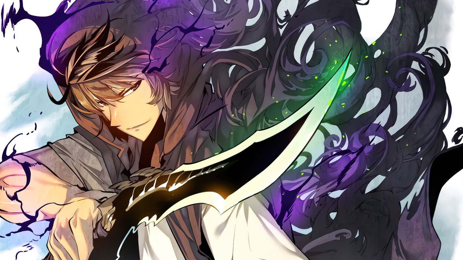 Anime, a man with long hair and a sword in his hand (sung jinwoo, 성진우 sung jin woo, dagger, solo leveling, manhwa)