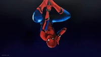 Spider-Man in Upside Down Pose Against a Dark Background