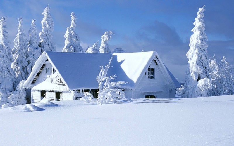 Снежная хижина в лесу с голубым небом и белыми облаками (снег, зима, дом, замораживание, иней)