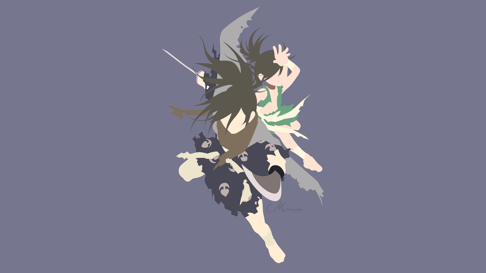 A woman in a green dress is flying through the air (hyakkimaru, dororo, dororo anime, minimalist, anime)