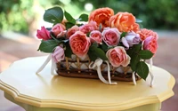 table, flower bouquet, garden roses, plant, flower arranging