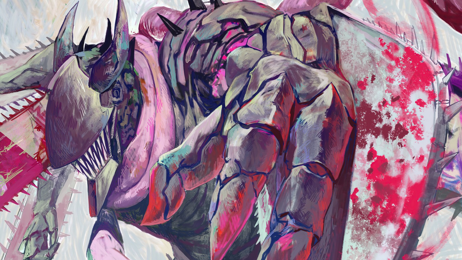 Pintura de un hombre montando un caballo com um cavalo desenhado nele (denji, forma de diablo, hombre motosierra, chainsaw man, anime)