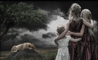 Embrace of Nature: A Bond Between Sisters and a Majestic Lion