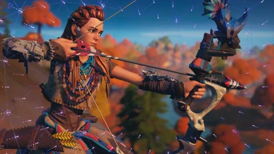 Алой из Horizon Zero Dawn нацеливается своим луком на красочный ландшафт Fortnite.