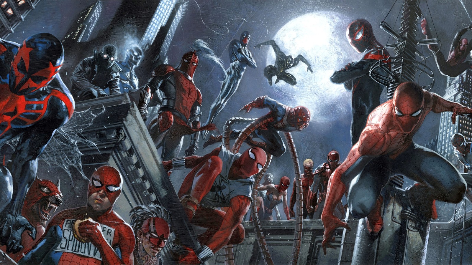 Un groupe de spider-man et d'autres super-héros dans une ville (spider man, versions alternatives, marvel comics, bandes dessinées)