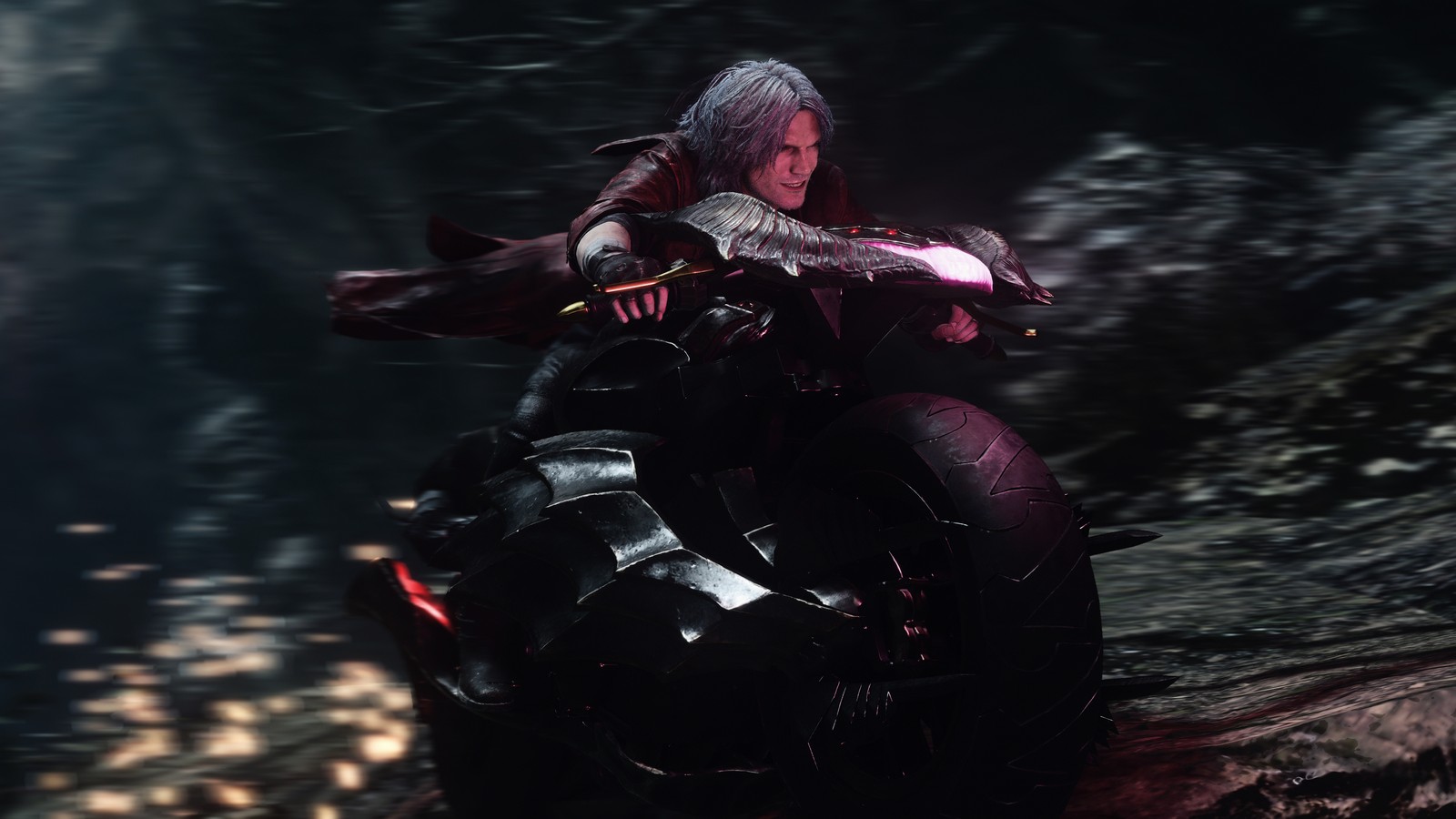 Unschärfe eines menschen, der in einem dunklen wald motorrad fährt (devil may cry 5, videospiel, dante, motorad)