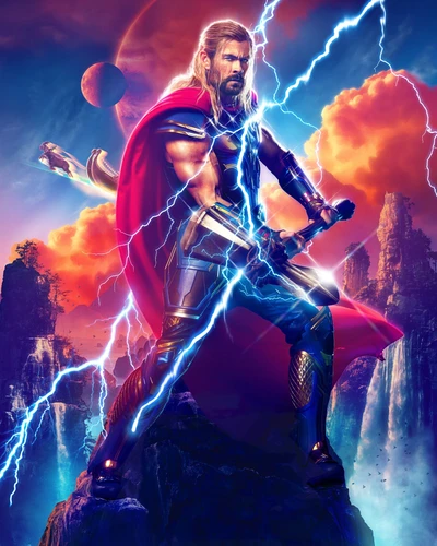 Thor empuñando Stormbreaker en medio de relámpagos en un paisaje cósmico