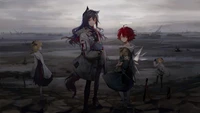 Anime-Charaktere aus Arknights in einer dystopischen Landschaft