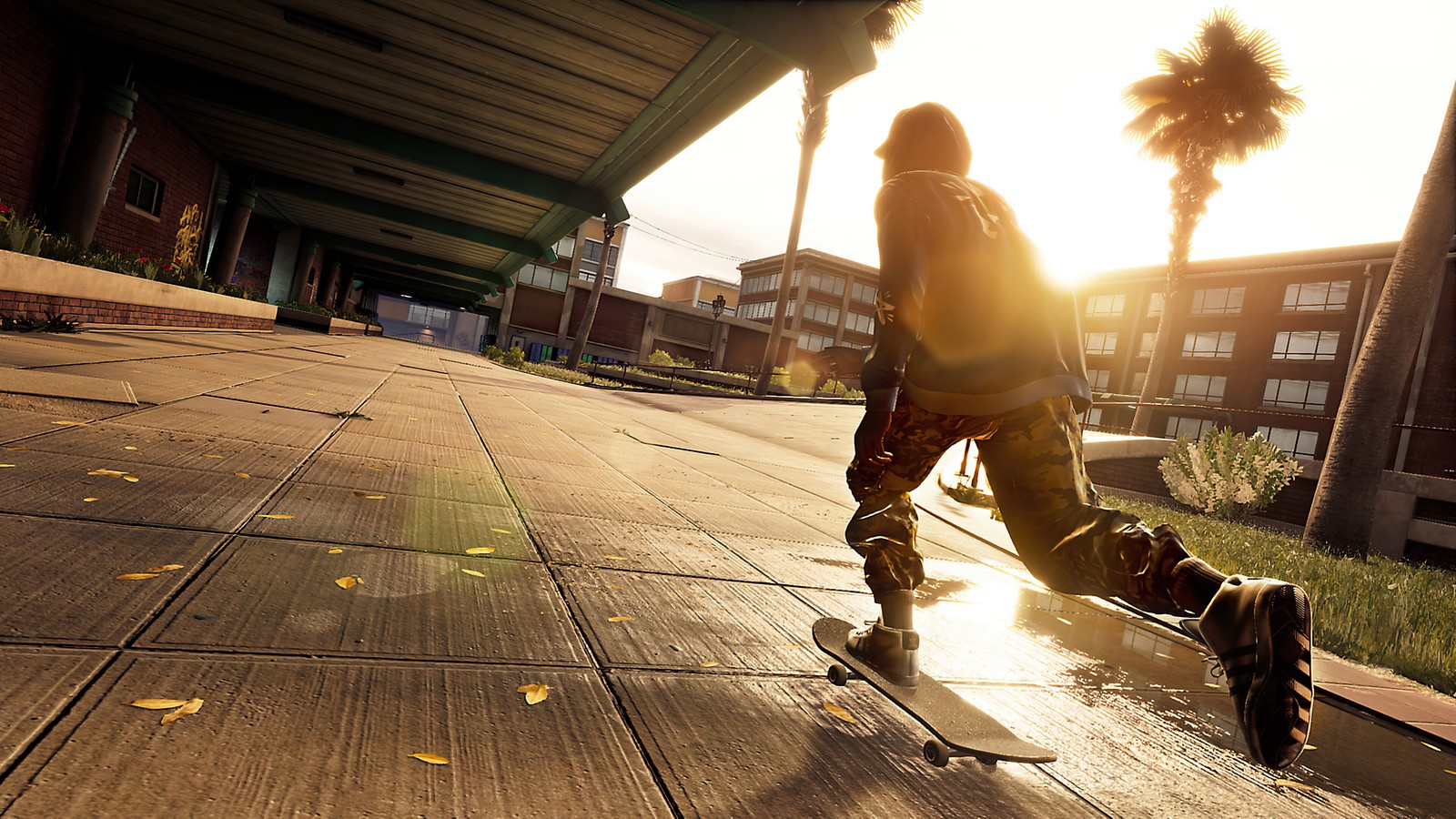 Arafed skateboarder riding down a sidewalk in the sun (tony hawks pro skater 1 2, video game, skateboard, skateboarding)