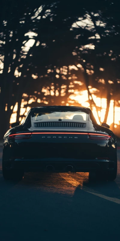 Porsche 911 GT3 steht an einer malerischen Straße bei Sonnenuntergang, zeigt sein schlankes Design und seine kraftvolle Haltung vor dem Hintergrund silhouettierter Bäume.