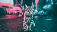 A striking Bengal cat sits confidently in the foreground of a vibrant urban street scene, surrounded by blurred city lights and colors.