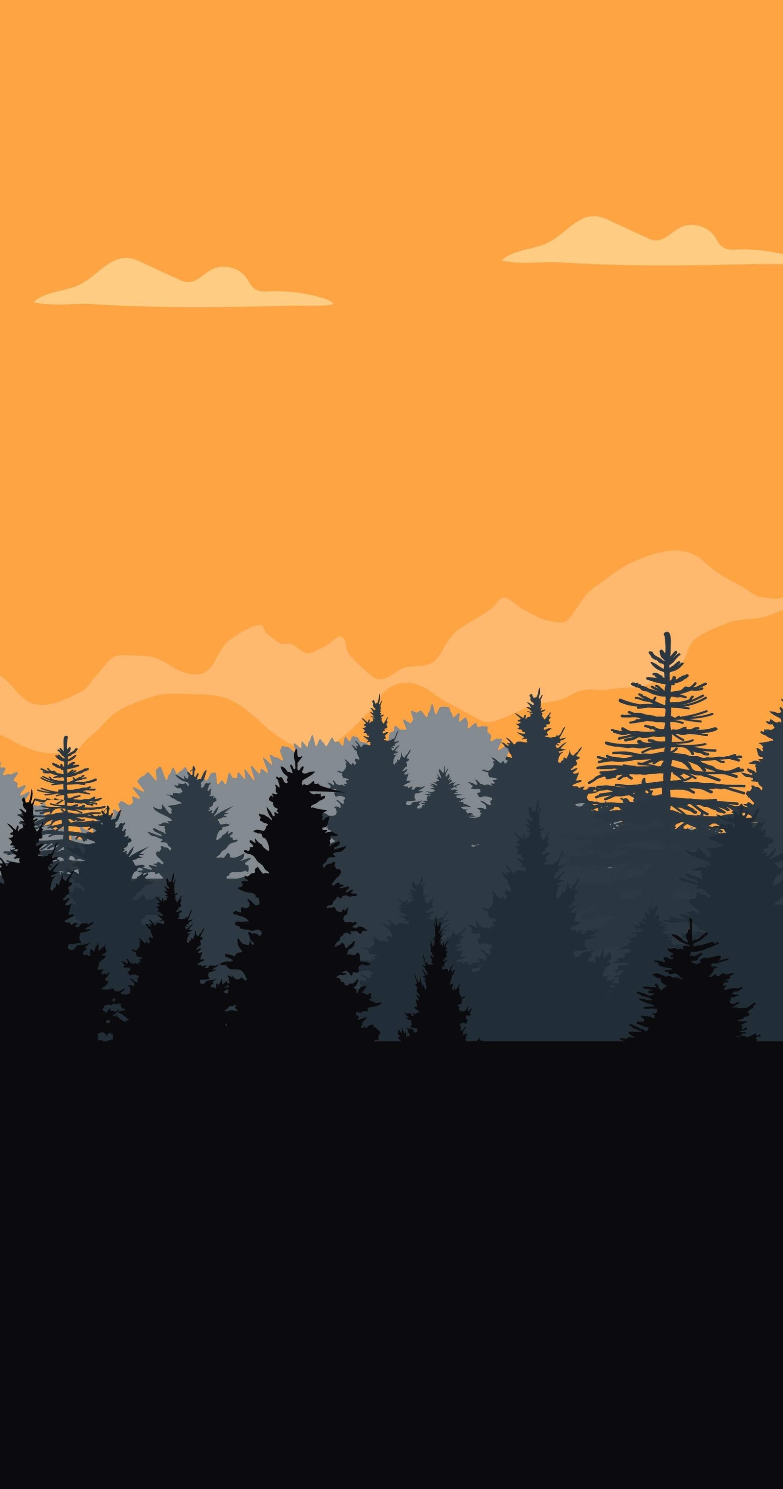 Há uma silhueta de uma floresta com um pôr do sol ao fundo (natureza, desenho animado, desenho, ideia, atmosfera)