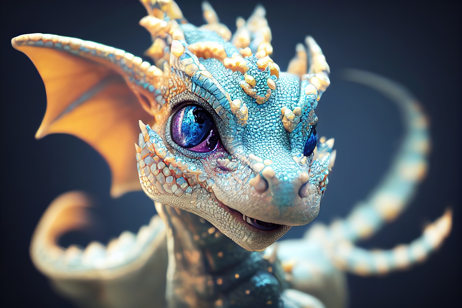 Primer plano de un dragón con ojos azules (cute dragon, midjourney, arte de fantasía, gráficos cgi, graphics cgi)