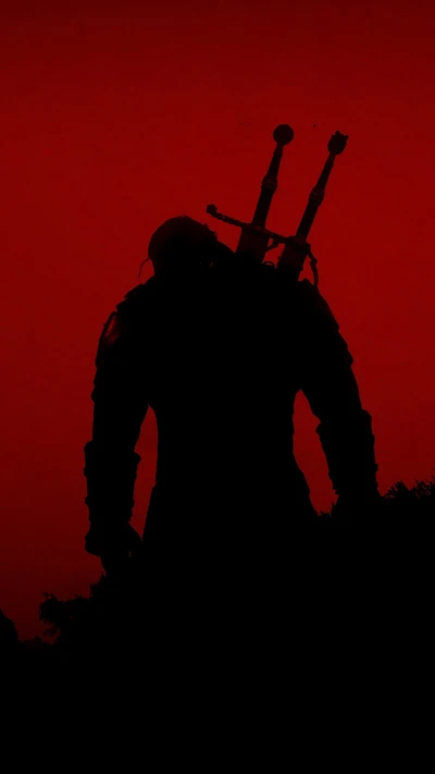 Silhouette de Geralt de Rivia contre un ciel rouge ardent