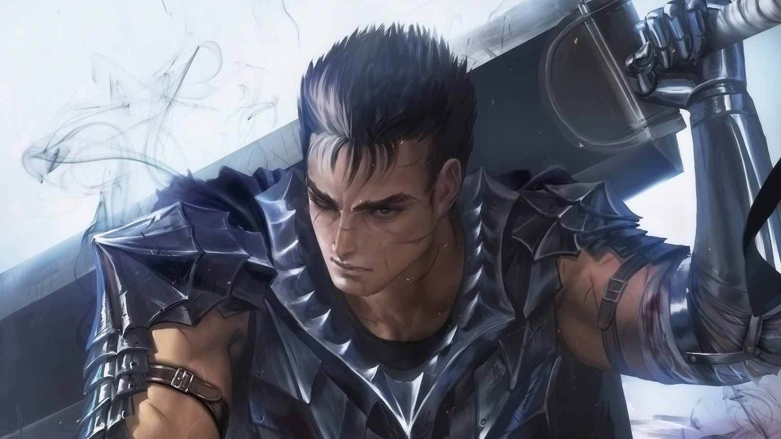 Close-up de um homem segurando uma espada em uma sala (guts, espada, berserk, anime)