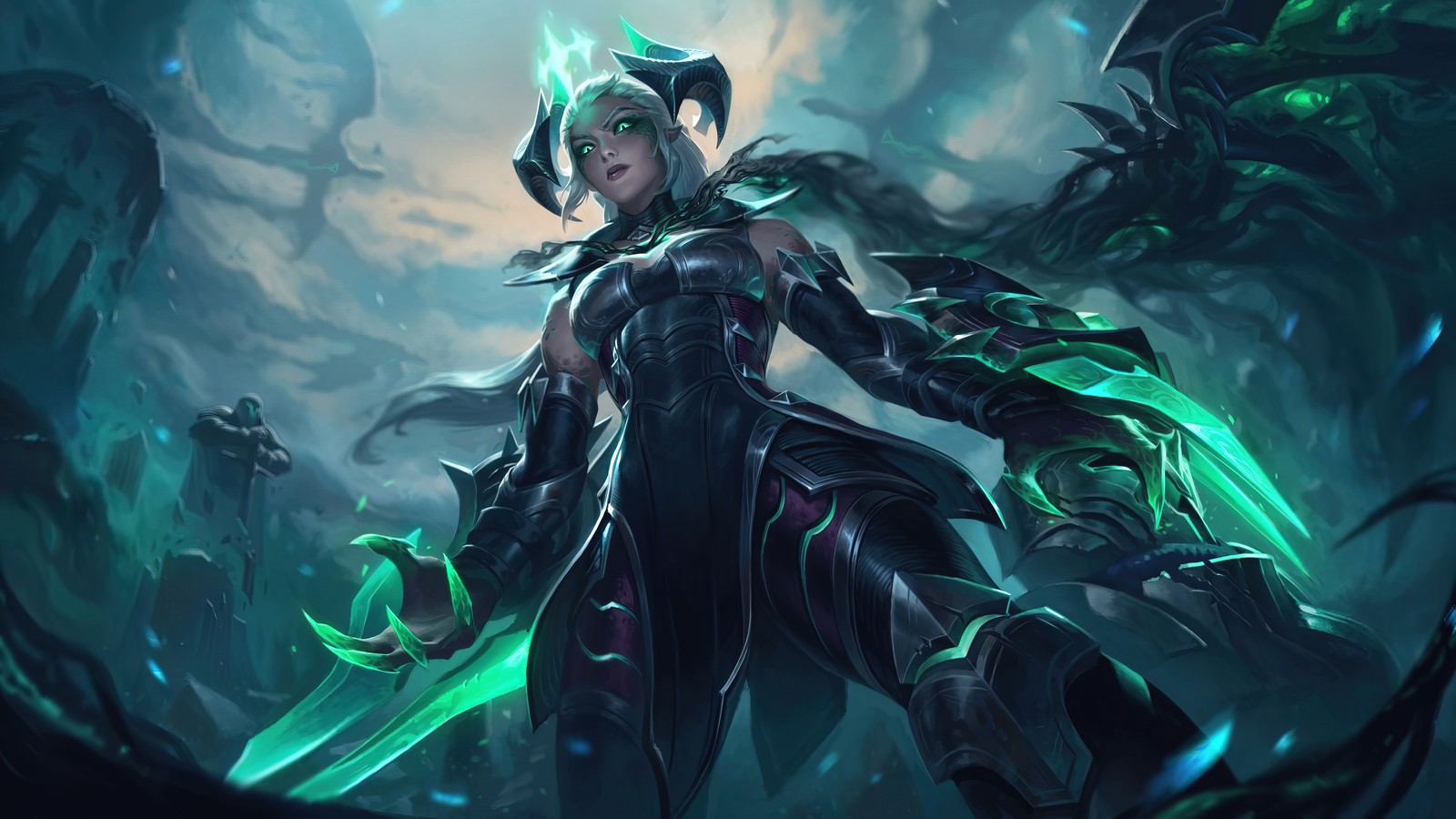 Una mujer en un atuendo negro sosteniendo una espada verde (arruinado, shyvana, arte conceptual, lol, league of legends)