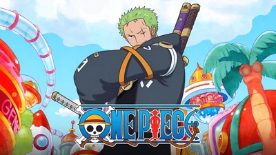 Roronoa Zoro de One Piece fazendo uma pose confiante contra um fundo vibrante e colorido.