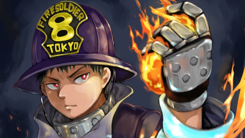 Мультяшное изображение пожарного в каске с огнем (fire force, аниме, anime, огненная бригада, enen no shouboutai)