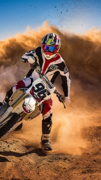 Piloto de motocross dinâmico em ação no meio de nuvens de poeira