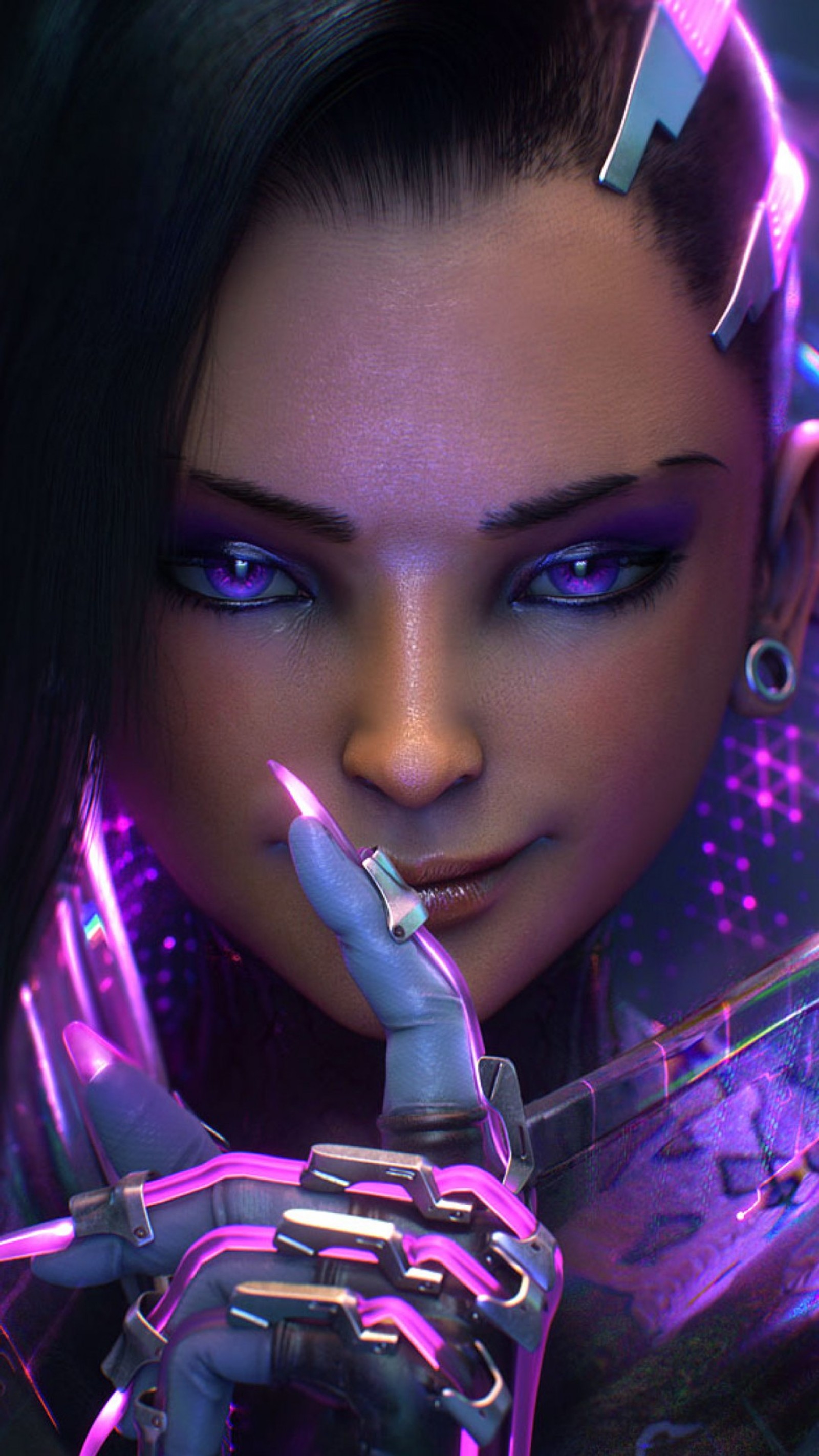 Close de uma mulher com olhos roxos e um anel roxo (beleza, overwatch, sombreamento, lábio, sobrancelha)