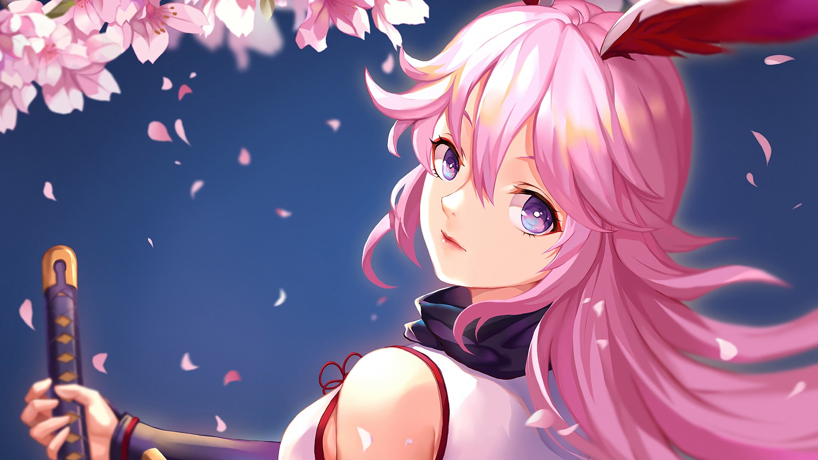 Une fille d'anime avec des cheveux roses tenant une épée et des fleurs de cerisier (filles danime, anime, cheveux roses, yae sakura, honkai impact 3rd)