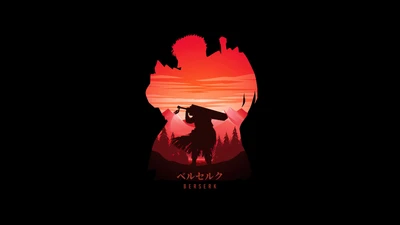 Arte minimalista de Berserk com silhueta e pôr do sol