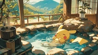 Pikachu relaxando em uma banheira de hidromassagem cênica em meio à natureza