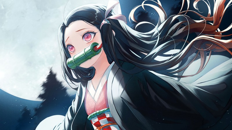 Аниме девушка со змеей во рту и полной луной на заднем плане (nezuko kamado, kimetsu no yaiba, убийца демонов кимэцу но яиба, demon slayer kimetsu no yaiba, аниме)