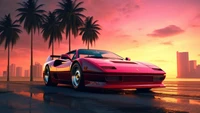 Ferrari au coucher du soleil : Un rêve numérique tropical