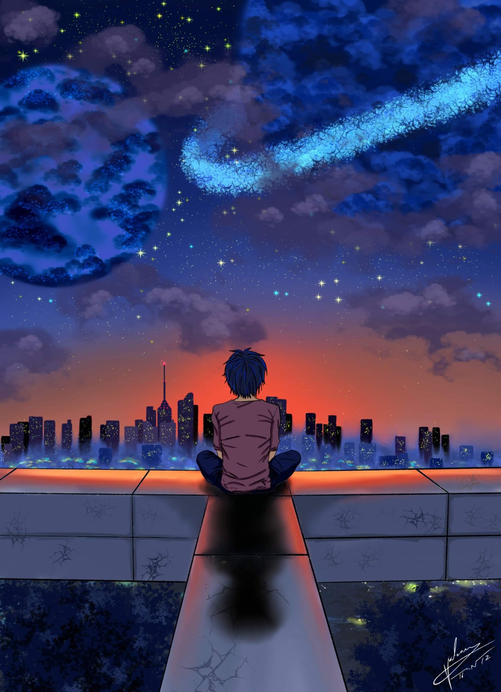 Ein anime-junge sitzt auf dem rand und schaut nachts auf die stadt (allein, stadt bei nacht, nachthimmel, planeten, star light)