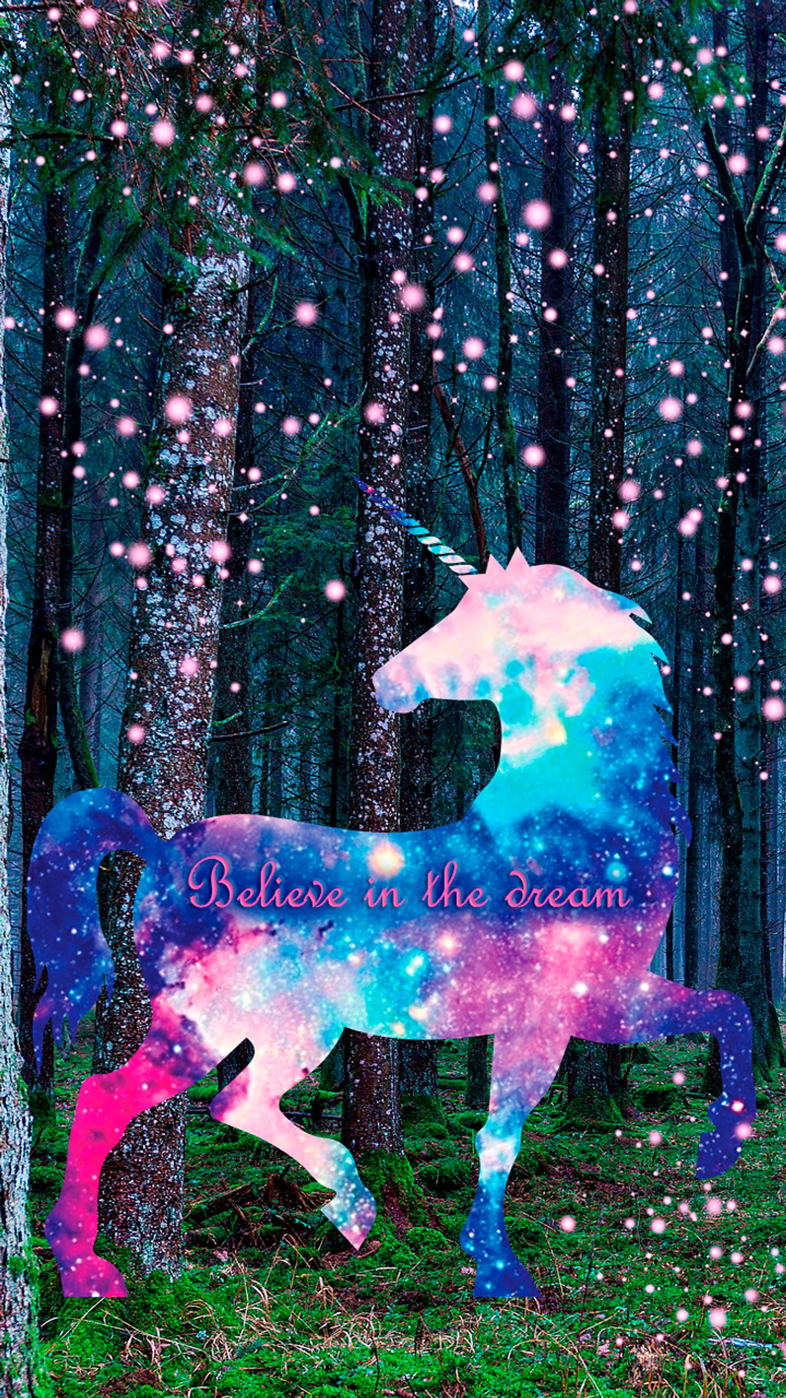 Unicorn in the forest with stars and sparkles in the background (believe in dream, forest, magic, pink, space)