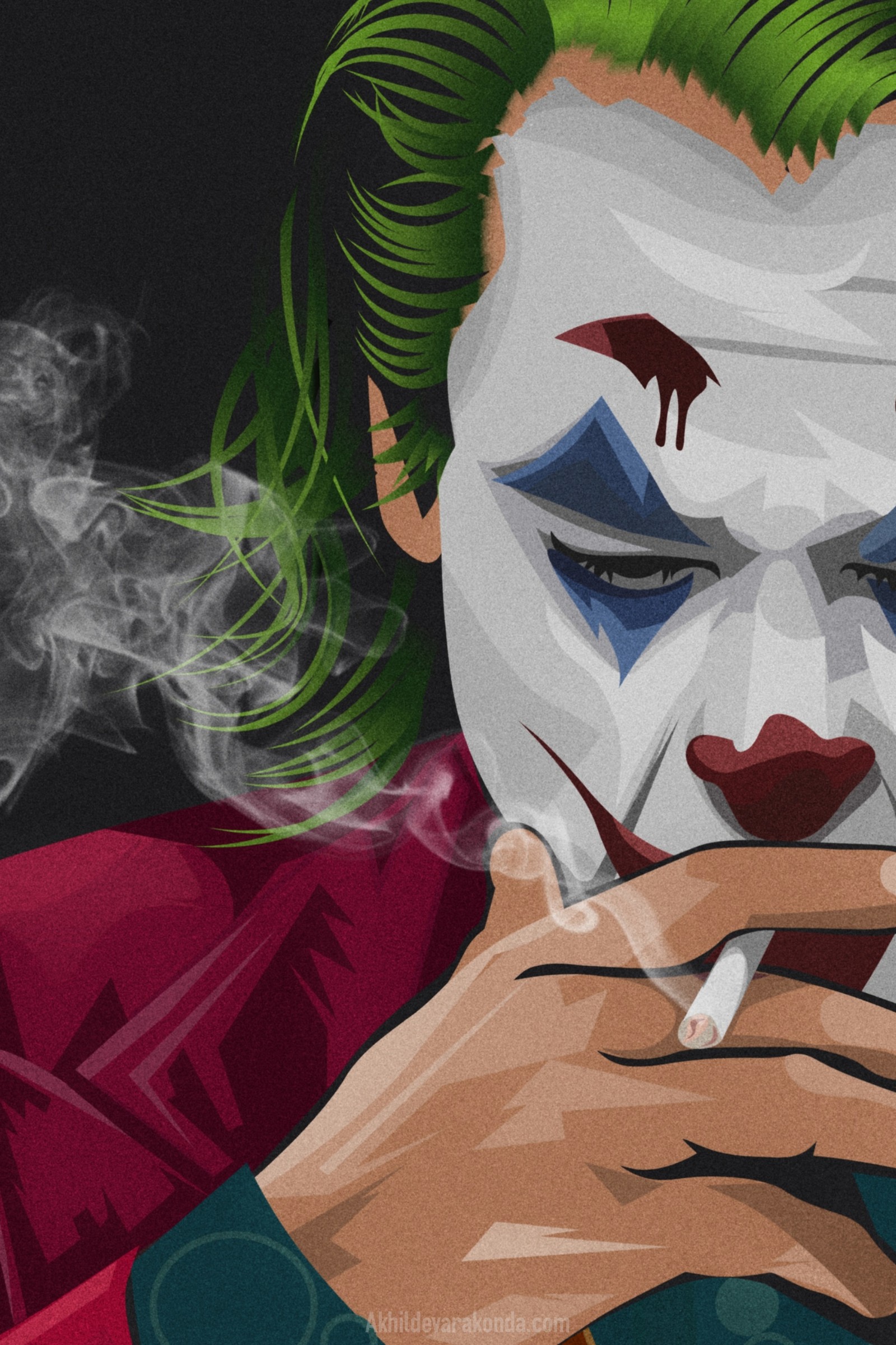 Joker smoking a cigarette with his face painted like a joker (batman, joker)