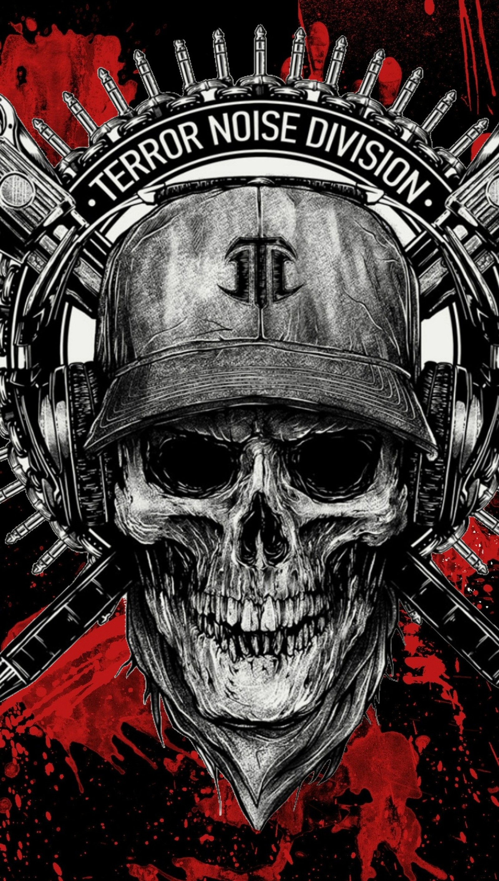 Una calavera con una gorra de béisbol con pistolas y una cruz en ella. (sangre, música, calavera)