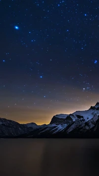 lake, mountain, night, sky, stars