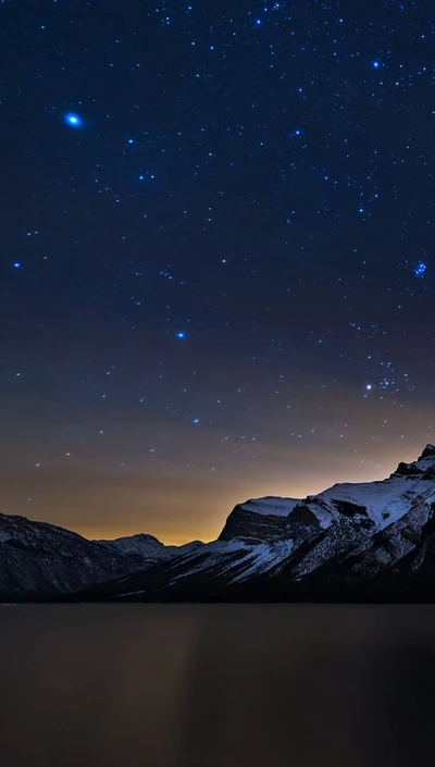 lago, montaña, noche, cielo, estrellas