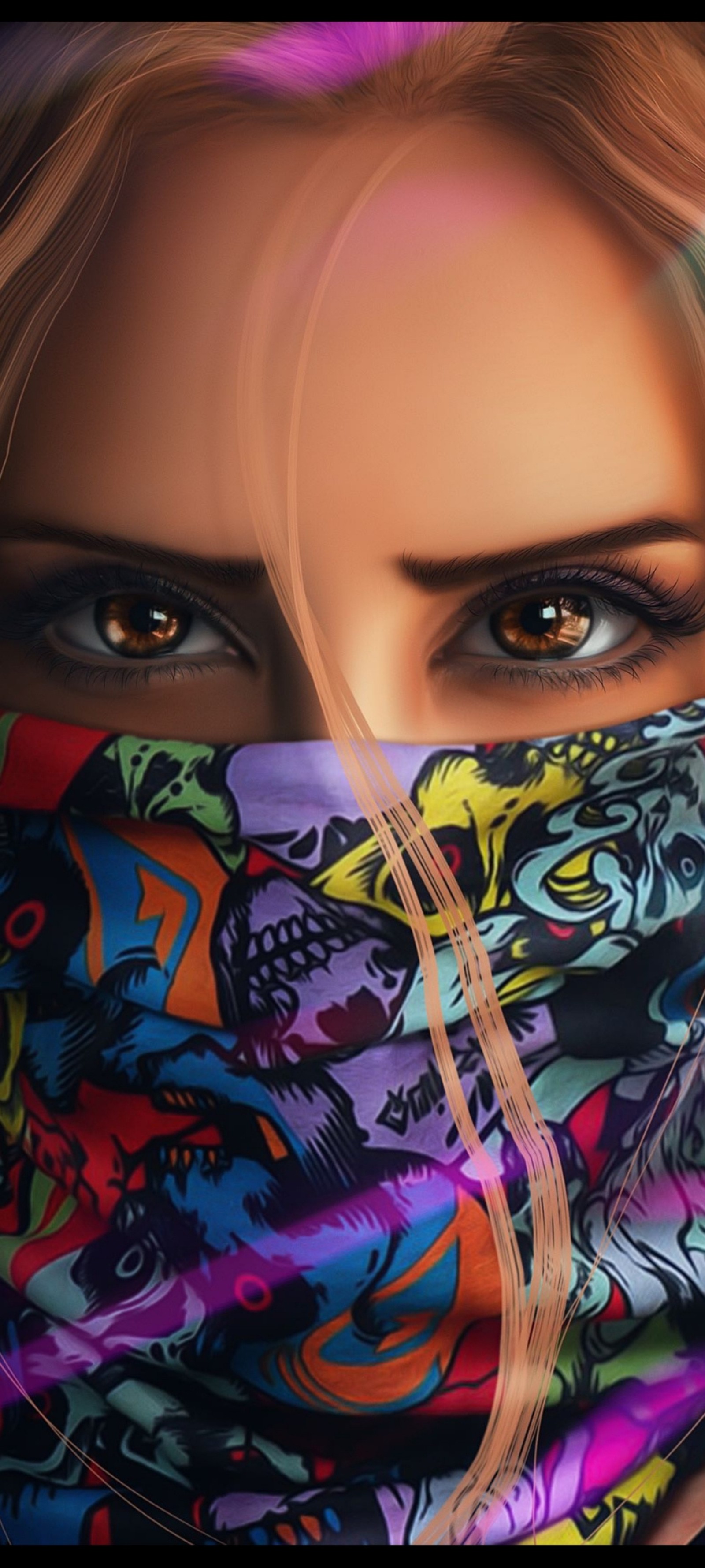 Blond woman with colorful scarf covering her face and eyes (2021, brown eyes, eyes, girl, mask)