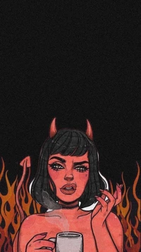 Chica demonio ardiente con café y actitud