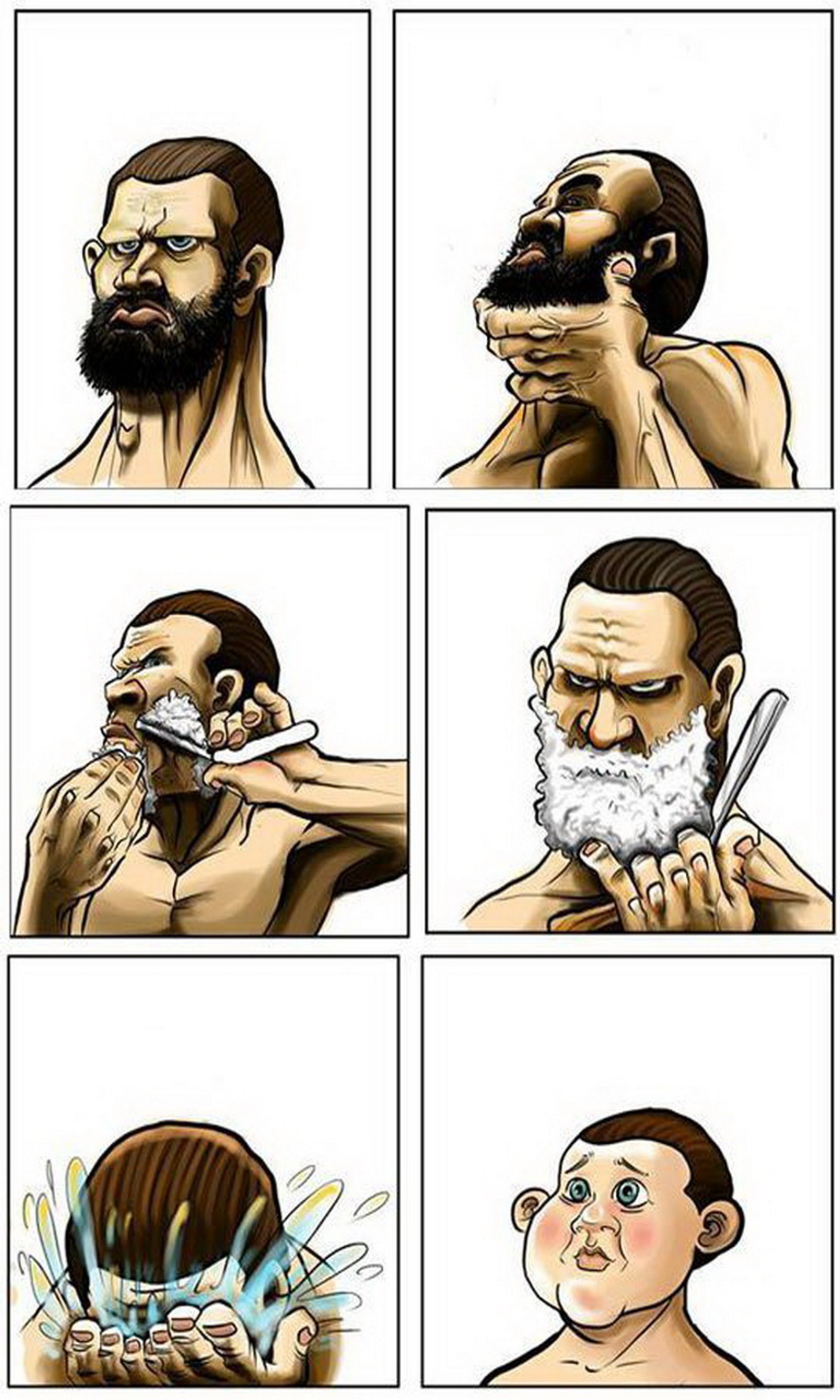 Um cartoon de um homem fazendo a barba com uma lâmina (baía, barba, menino, engraçado, cabelo)