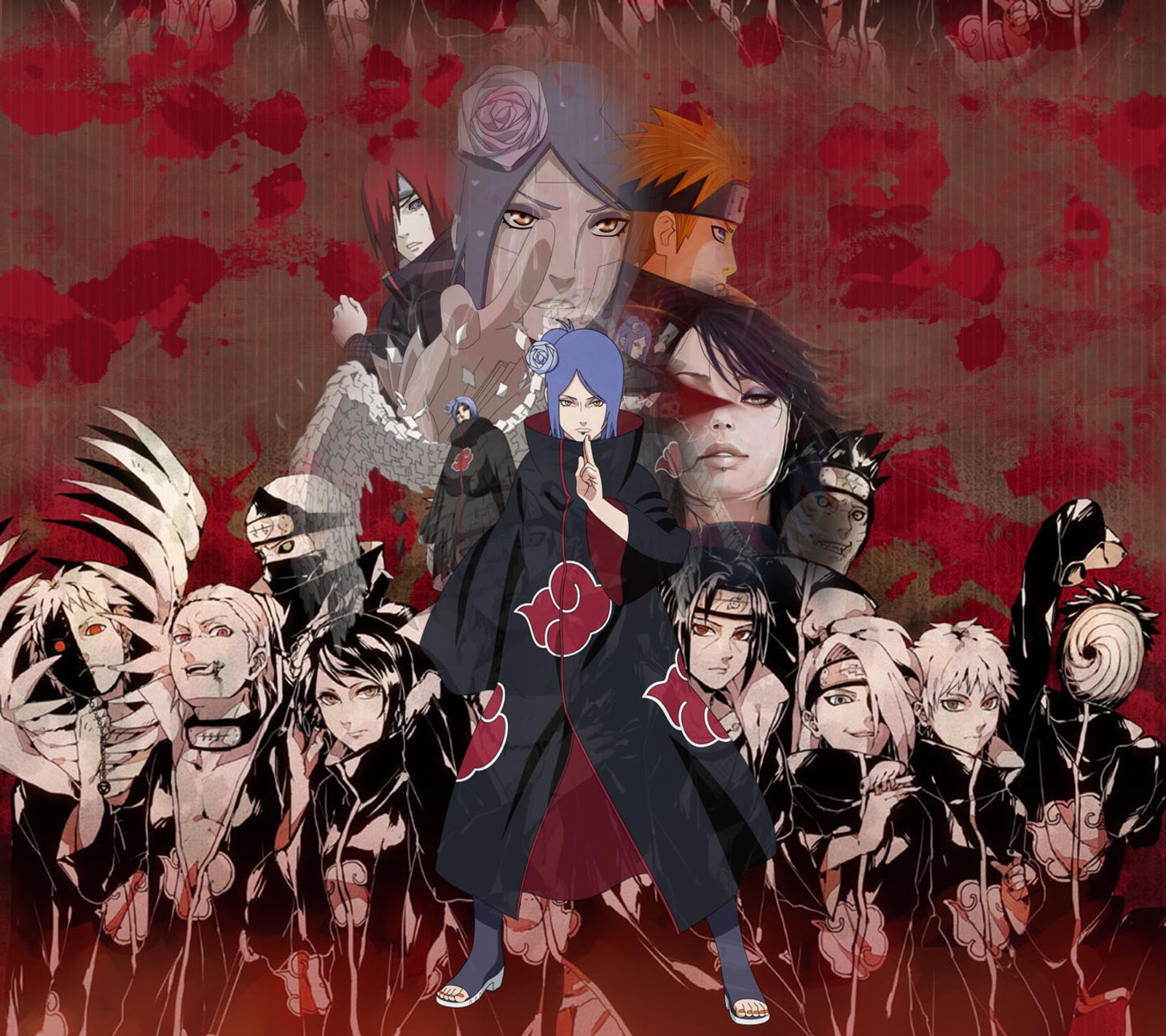 Des personnages d'anime se tiennent devant un fond rouge (akatsuki, konan, nagato, naruto, douleur)