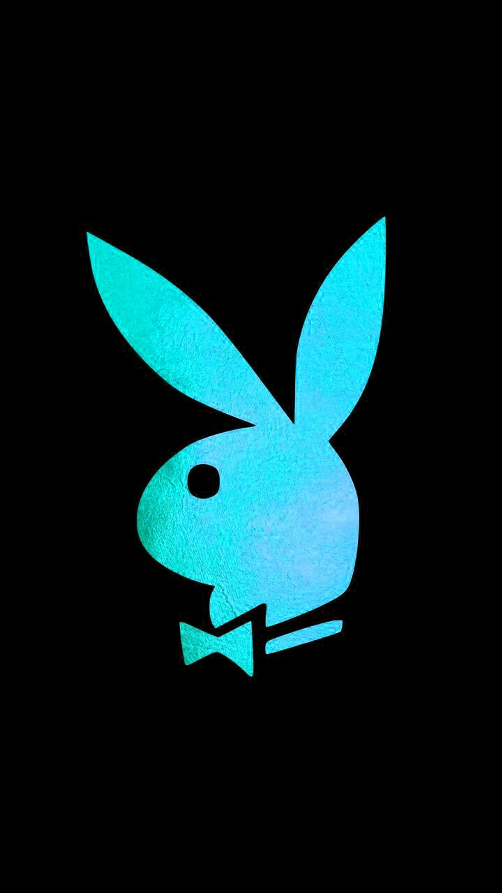 A close up of a blue rabbit with a bow tie (bunny, logo)