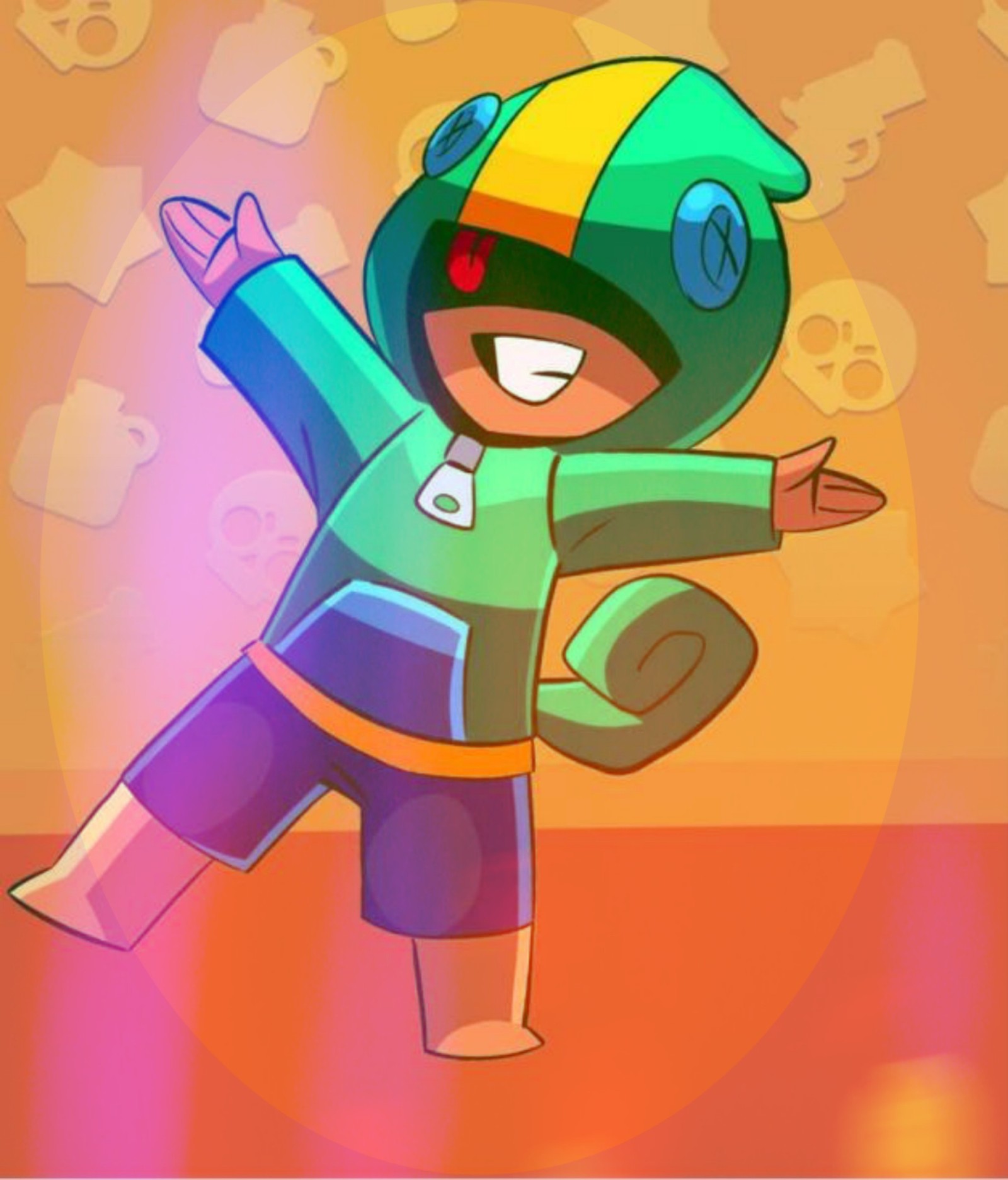 Cartoon boy in a helmet and pants with arms outstretched (brawl, stars, supercell, leon, legendary)