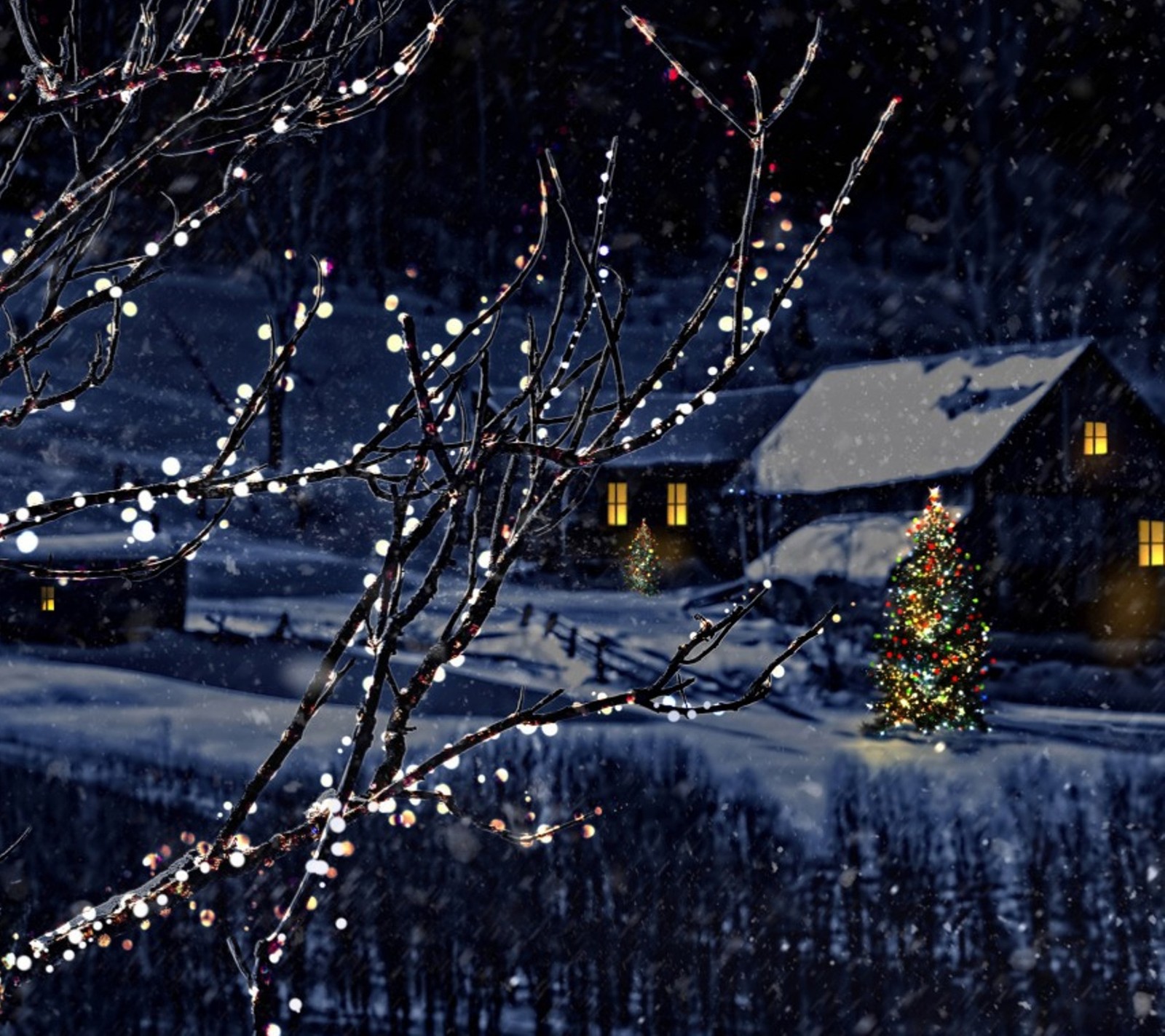 Há uma pequena árvore com luzes na neve (natal, feriado, natureza, inverno)